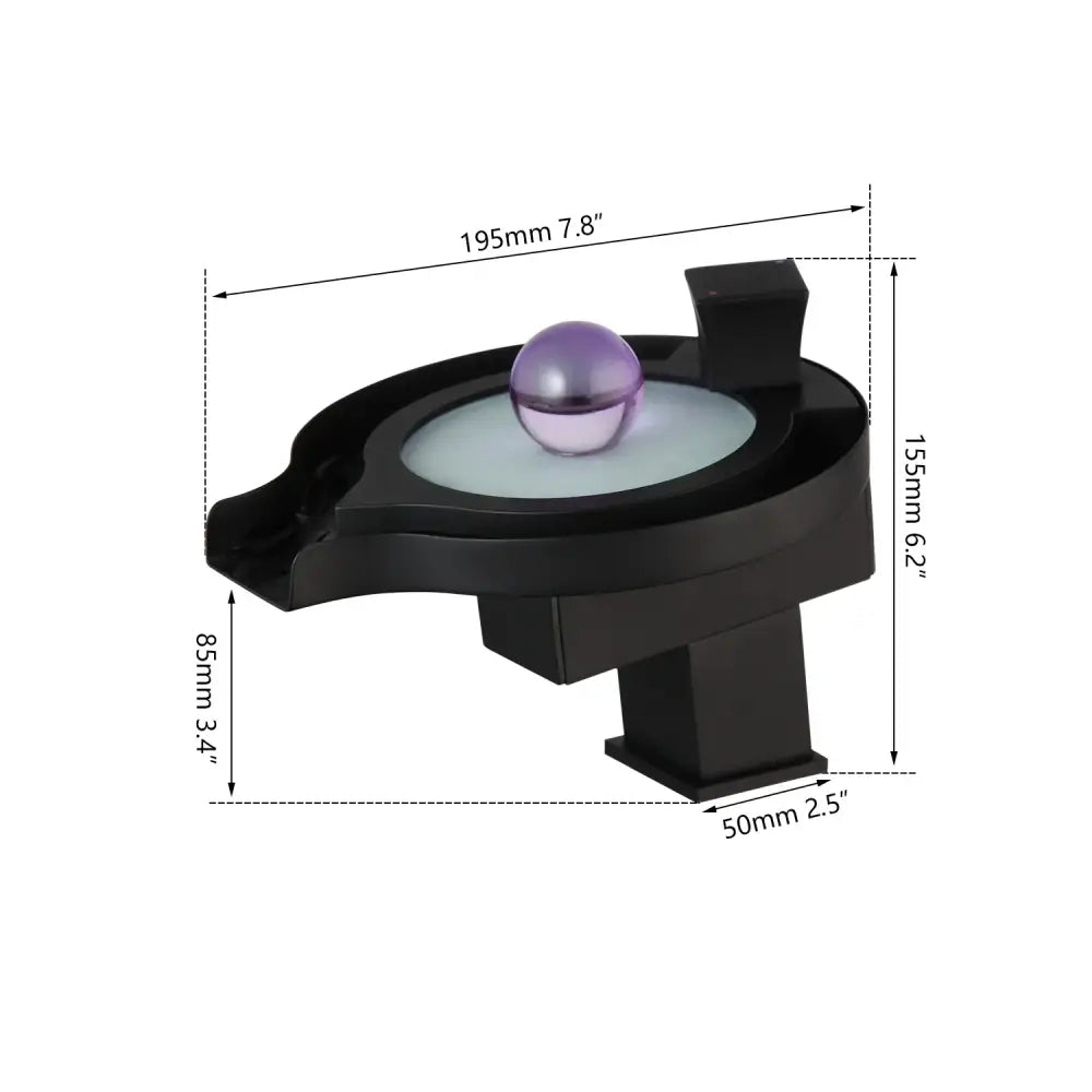 Black and chrome brass led waterfall basin faucet with black plastic water feature and translucent purple sphere decorbites brass led