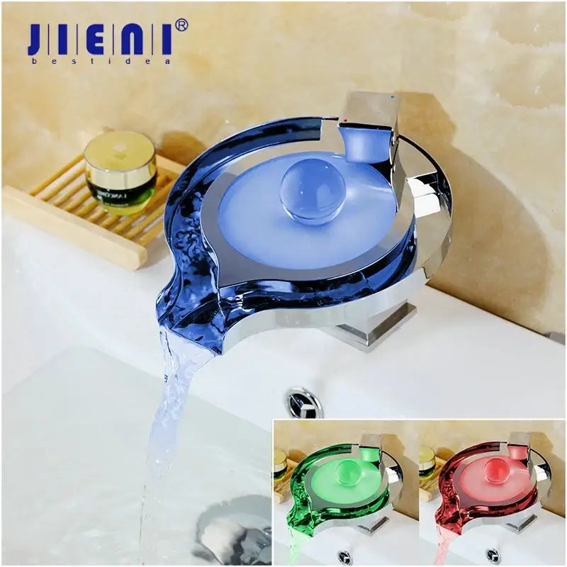 Blue chrome brass led waterfall basin faucet with spherical centerpiece and dual-tone design for bathroom sink decorbites brass led