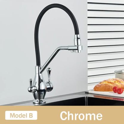 Chrome finished kitchen faucet with flexible black rubber hose and dual spout black decorbites dual spout handles
