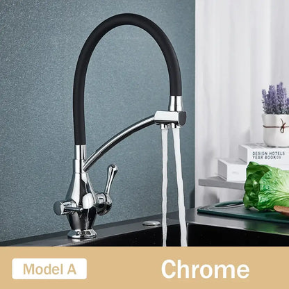 Chrome finished decorbites dual spout kitchen faucet with sleek arched spout and black flexible hose filter nozzle