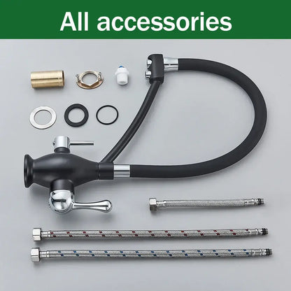 Black and chrome dual spout kitchen faucet with flexible black hose and braided metal pipes decorbites dual spout black