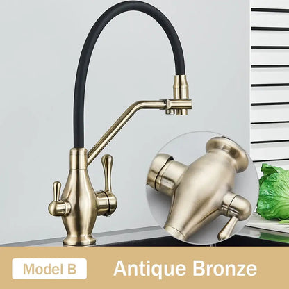 Antique bronze kitchen faucet with flexible black hose and dual handles from decorbites dual spout black series
