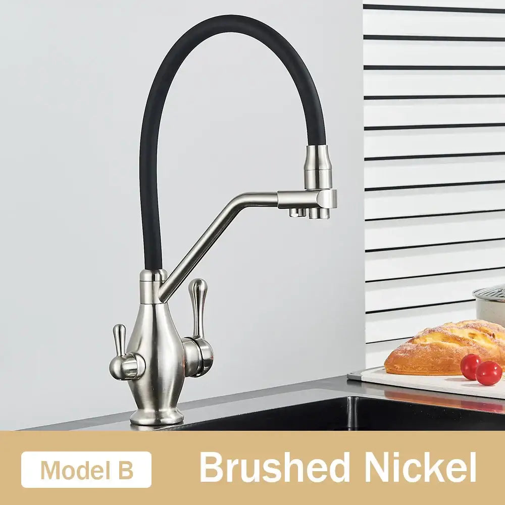 Black and chrome decorbites dual spout kitchen faucet with brushed nickel finish flexible rubber hose and dual handles