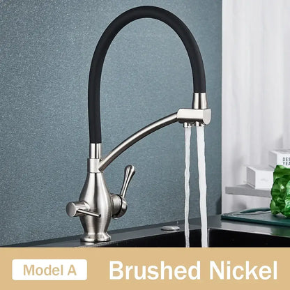 Brushed nickel kitchen faucet with flexible black rubber hose and dual handles in decorbites dual spout black design