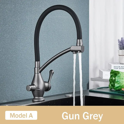 Gun grey decorbites dual spout kitchen faucet with flexible curved spout and dual handles in black and chrome finish