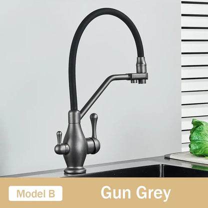 Gun grey matte finish decorbites dual spout kitchen faucet with curved gooseneck and dual lever handles black and chrome dual spout black