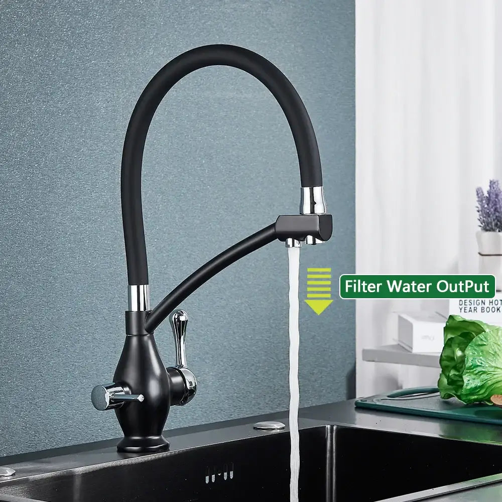 Black and chrome decorbites dual spout kitchen faucet with flexible gooseneck and integrated filter nozzle for filtered water