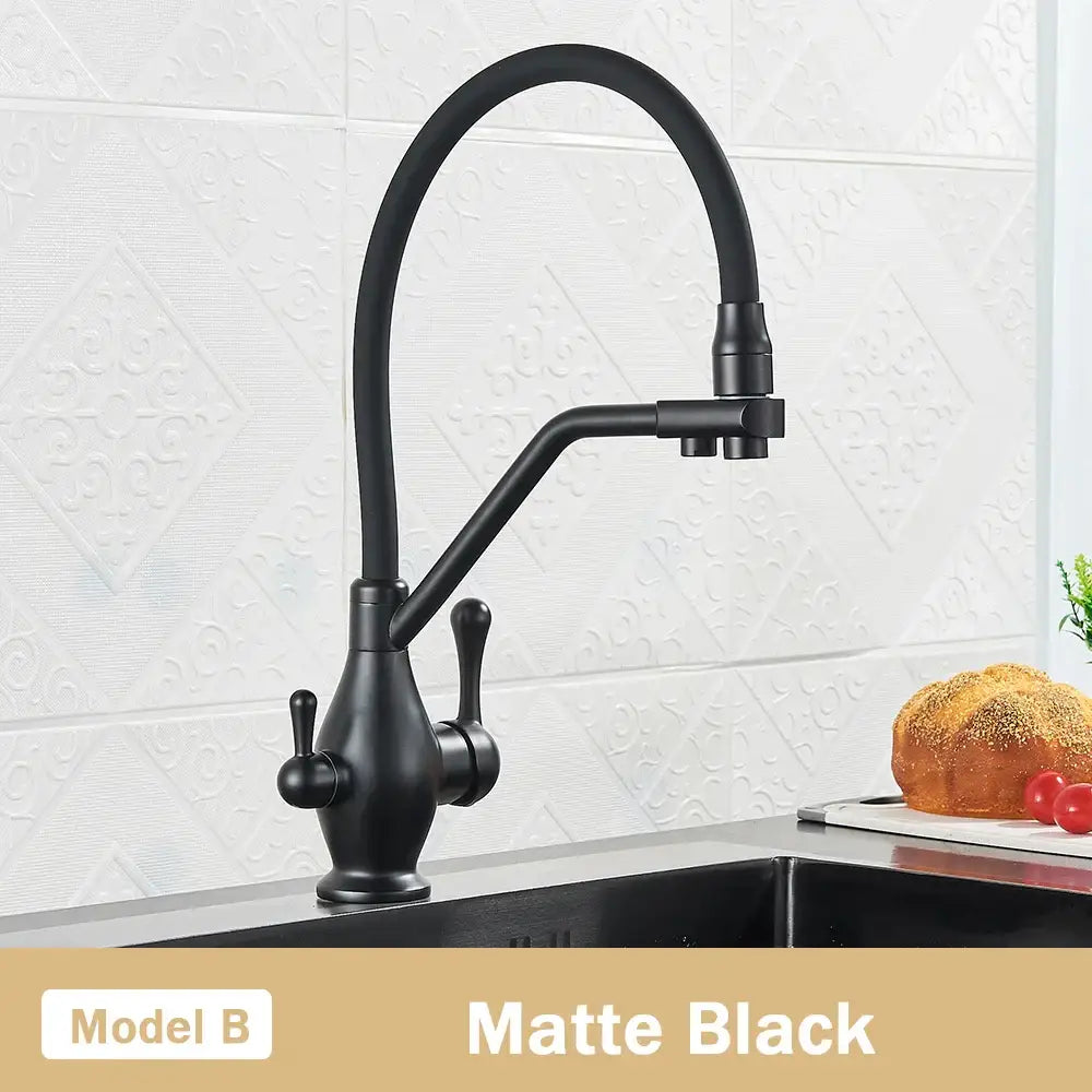 Matte black decorbites dual spout kitchen faucet with curved spout and dual handles featuring a filter nozzle