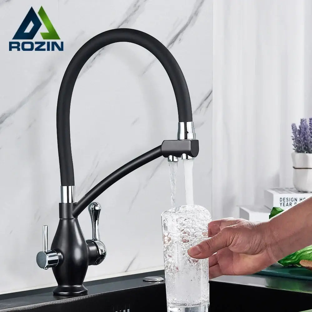 Black matte finish flexible kitchen faucet with chrome accents and dual handles by rozin featuring filter nozzle