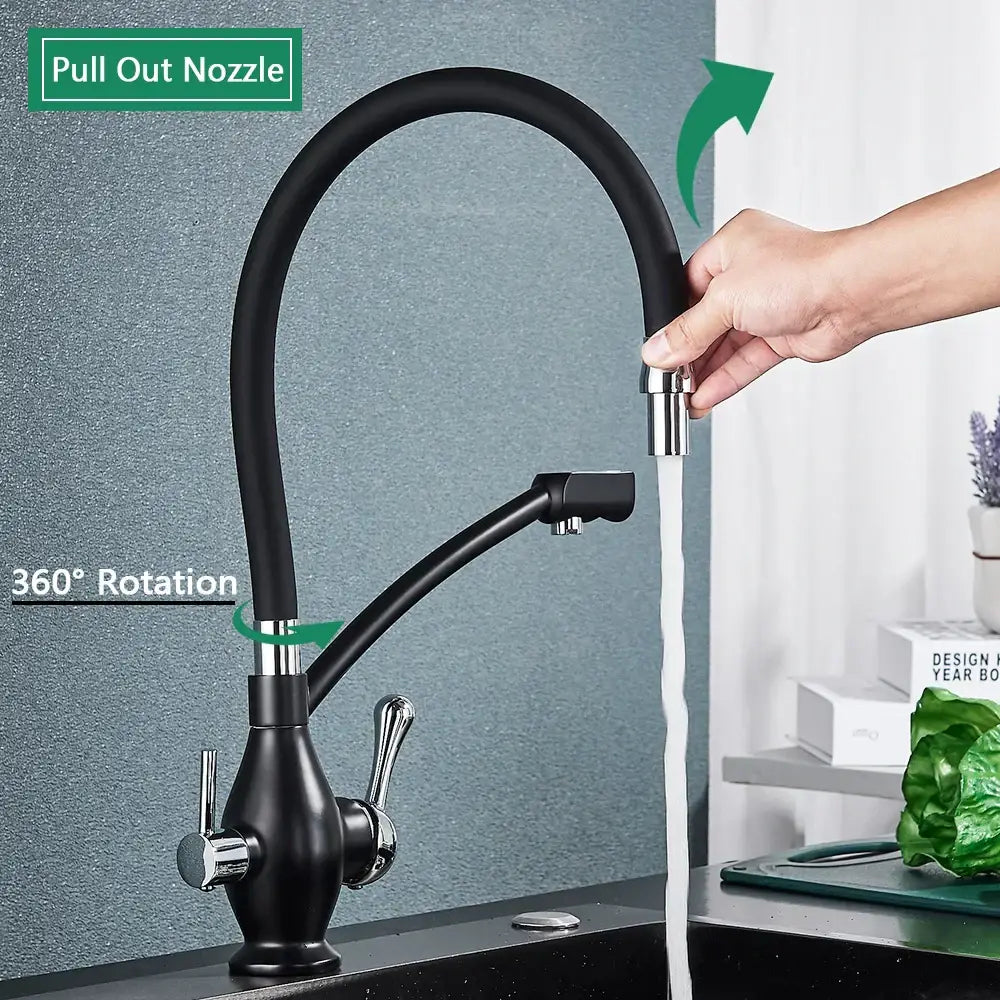 Black and chrome dual spout kitchen faucet with filter nozzle featuring pull-out nozzle and 360° rotation decorbites dual spout black