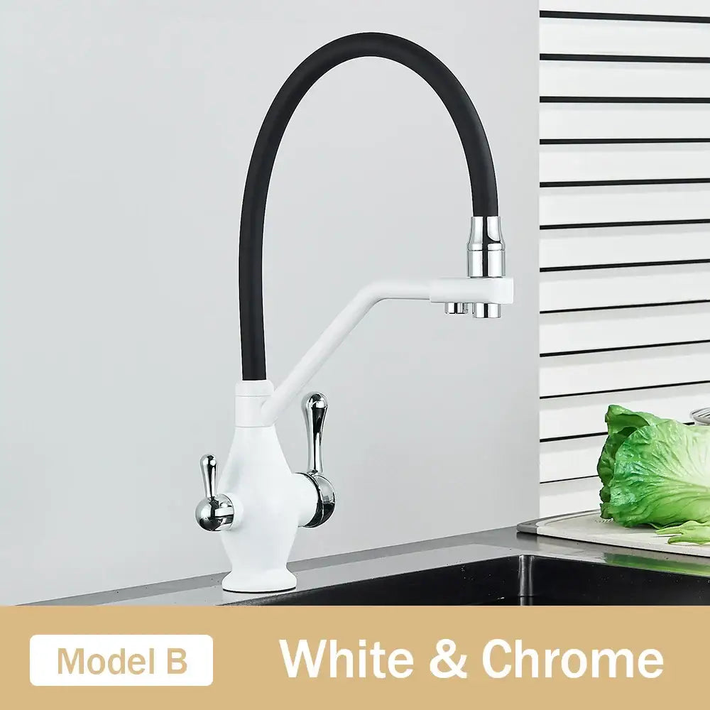 White and chrome kitchen faucet with black flexible hose featuring decorbites dual spout black design and filter nozzle
