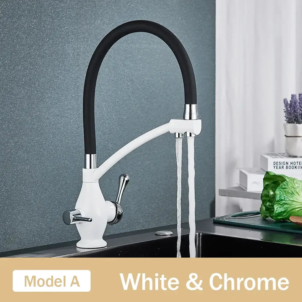 Black and chrome dual spout kitchen faucet with filter nozzle featuring white and chrome finish and flexible black hose