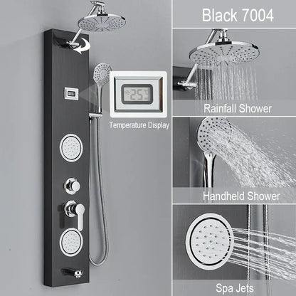 Black and chrome shower panel with rainfall shower system chrome fixtures and digital temperature display decorbites rainfall shower