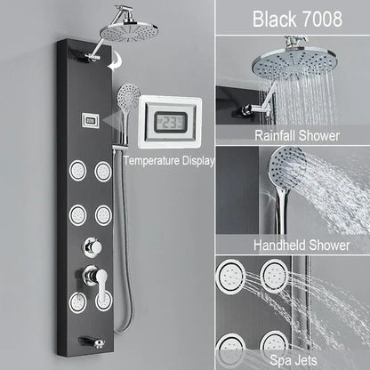 Black and chrome shower panel with rainforest shower and digital temperature display for decorbites rainfall shower bathroom storage rack