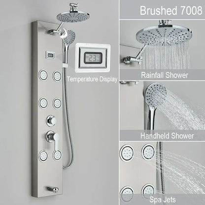 Brushed stainless steel black and chrome rainfall shower panel with multiple spray heads and digital temperature display for decorbites rainfall shower
