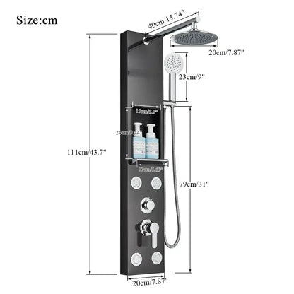 Black and chrome rainfall shower panel with rainfall shower rainhead handheld shower and built-in bathroom storage rack decorbites