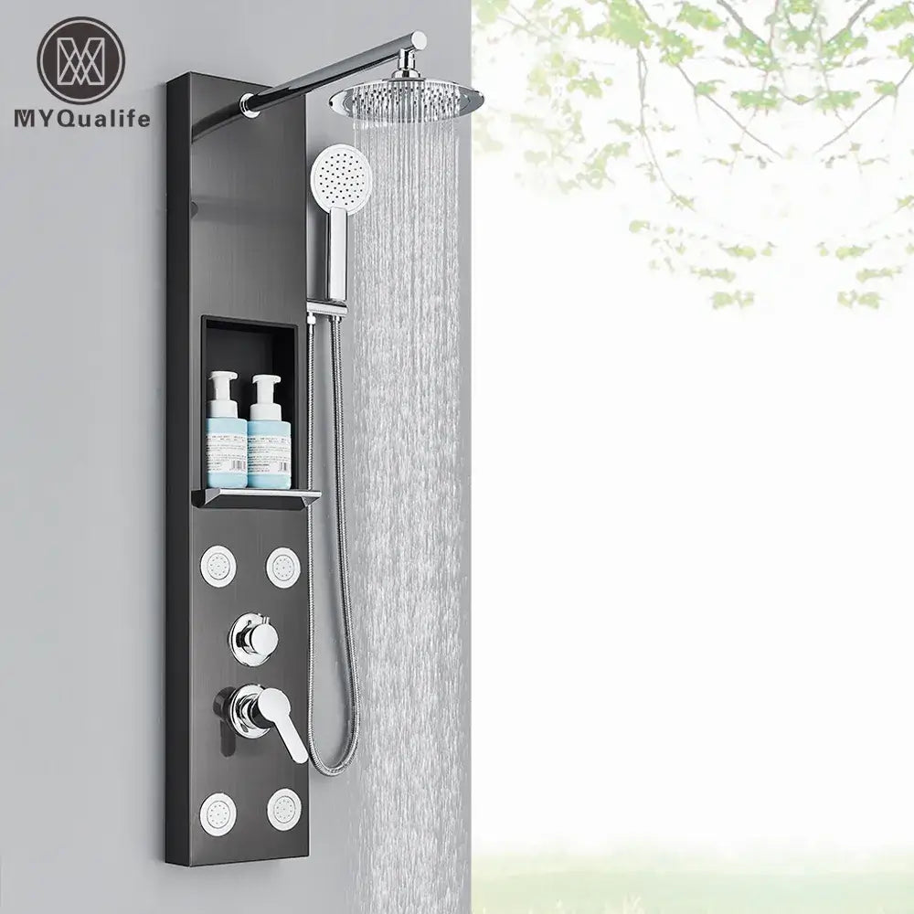 Black and chrome myqualife shower panel with rainfall shower rainhead and built-in bathroom storage rack decorbites rainfall shower