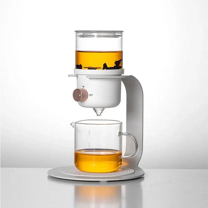White electric glass kung fu tea pot with clear reservoir handle and rose gold power switch for kitchen infuser use