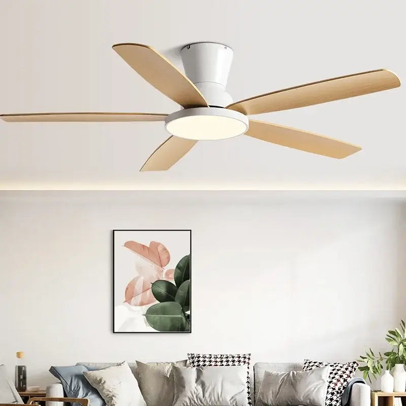 Modern ceiling fan light with five light wood blades, white housing, integrated led, and remote control for living room