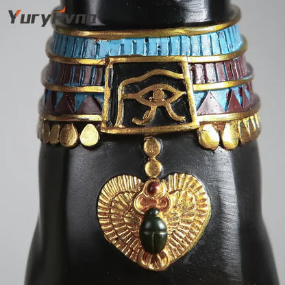 Ornate egyptian-themed necklace with black base gold blue maroon bands eye of horus and gold scarab pendant for bastet cat goddess decorbites set