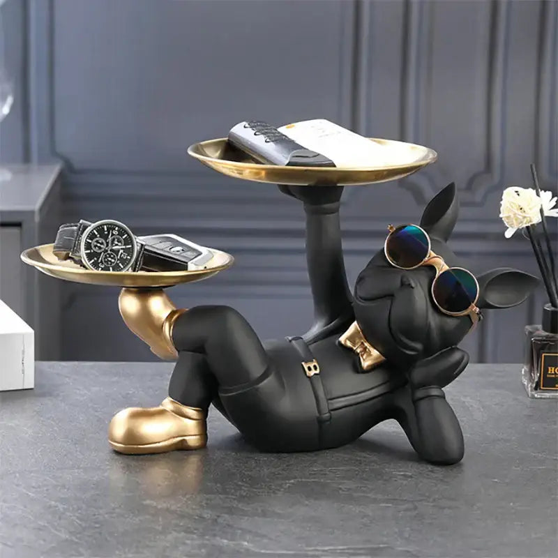 Black and gold decorbites bulldog animal figurine living room butler tray with sunglasses and suit accents