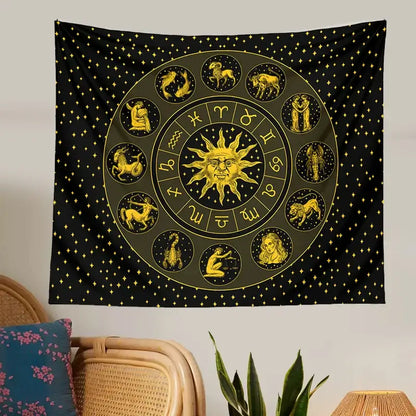 Black and gold constellation zodiac tapestry with sun design and stars for bedroom wall decor