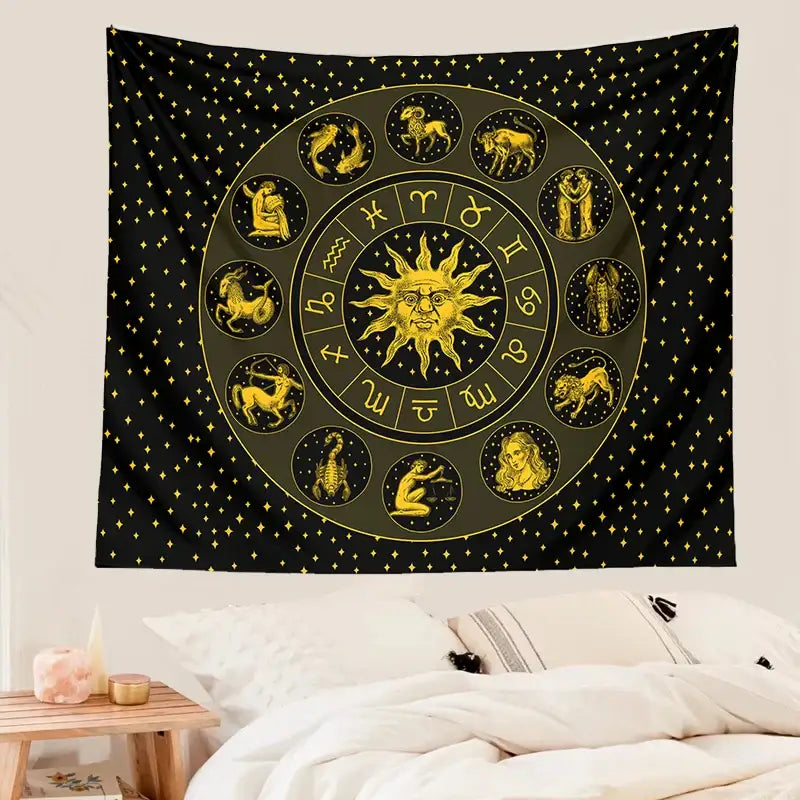 Black and gold constellation zodiac tapestry with sun design for bedroom wall decor in elegant tapestry fabric