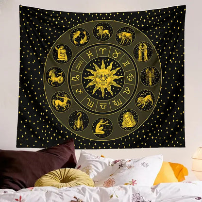 Black and gold constellation zodiac tapestry with sun design for bedroom wall decor featuring zodiac symbols