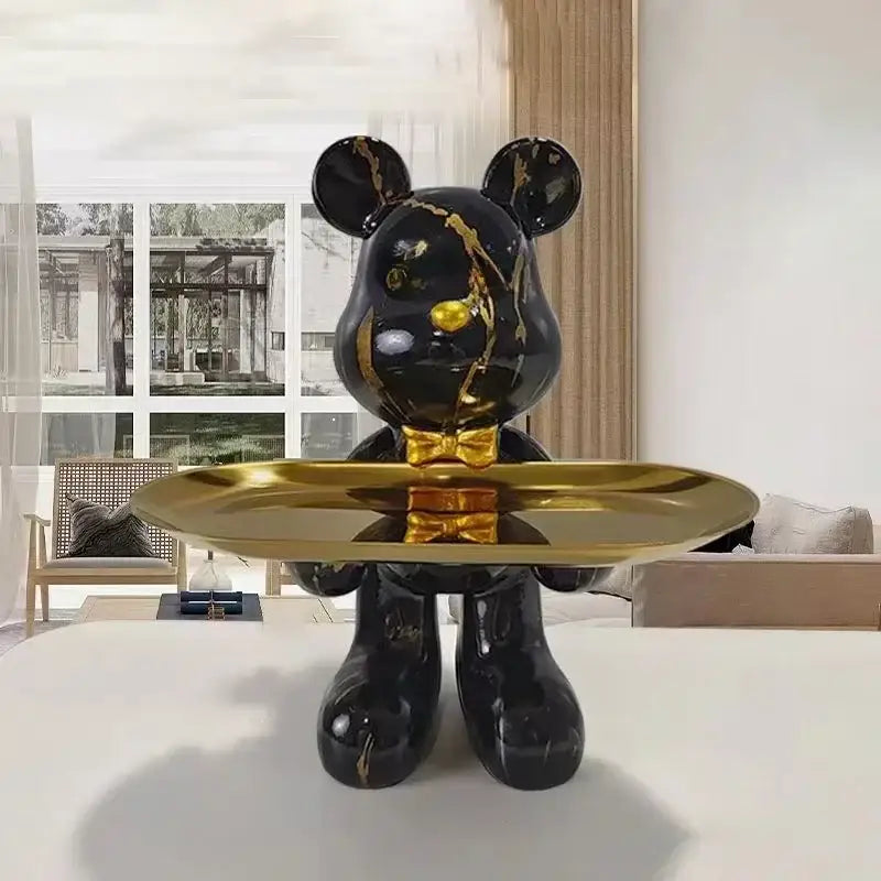 Black and gold graffiti bear figurine with gold marble veining and tray for living room decorbites decor