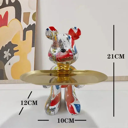 Glossy british-themed decorbites graffiti bear figurine in black and gold with union jack and gold tray for living room decor