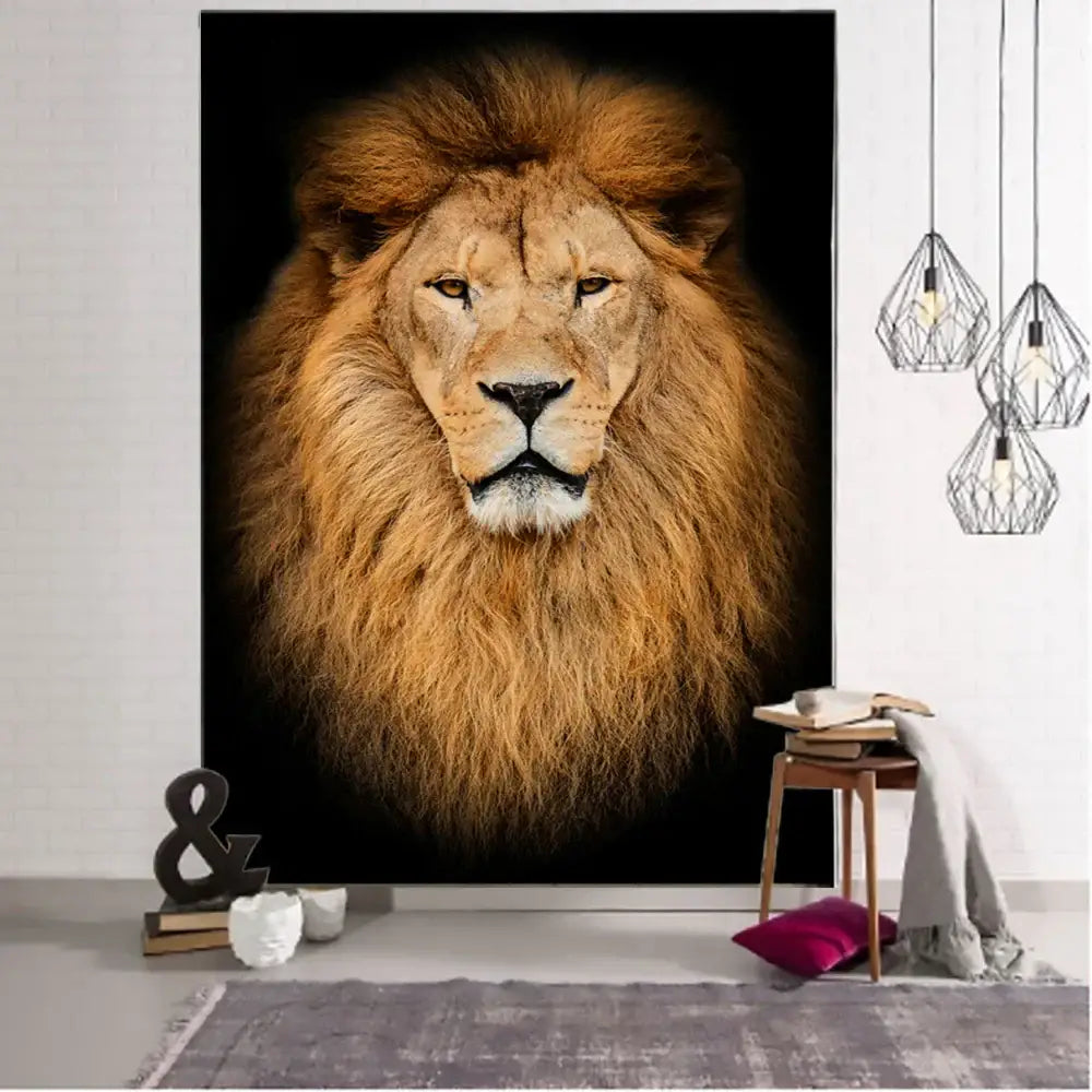 Black and gold lion world tapestry with detailed realistic mane and intense gaze for living room wall art tapestry hanging cloth