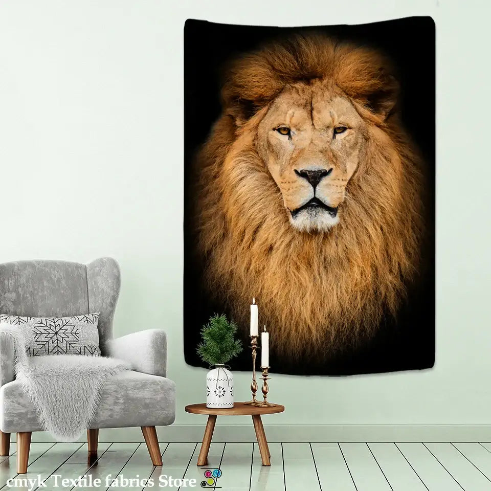 A black and gold lion world tapestry hanging cloth with a photorealistic lion portrait for living room wall art