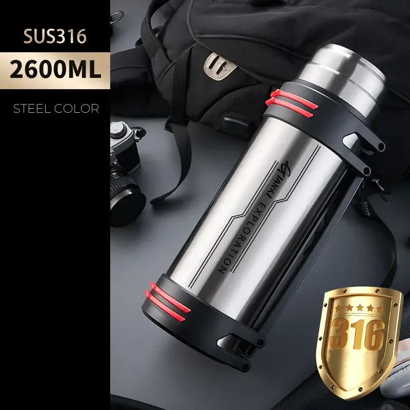 Silver insulated stainless steel 2600ml outdoor travel flask with black and red accents by decorbites insulated stainless