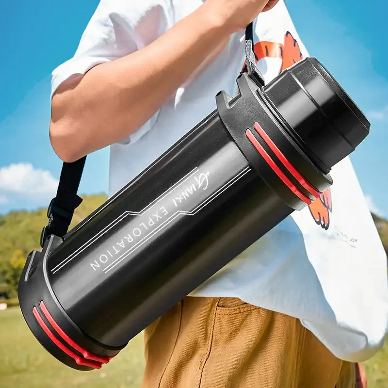 Black and red insulated stainless steel travel flask with gymini exploration branding by decorbites insulated stainless steel