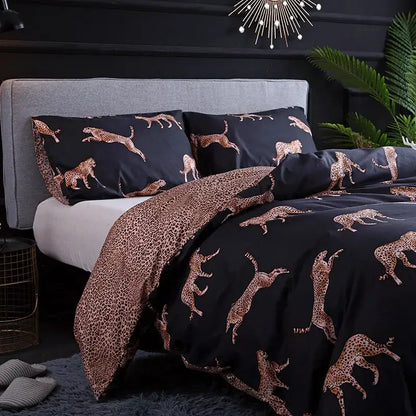 Black and rose gold leopard print duvet set with matching pillowcases featuring bold decorbites leopard print design