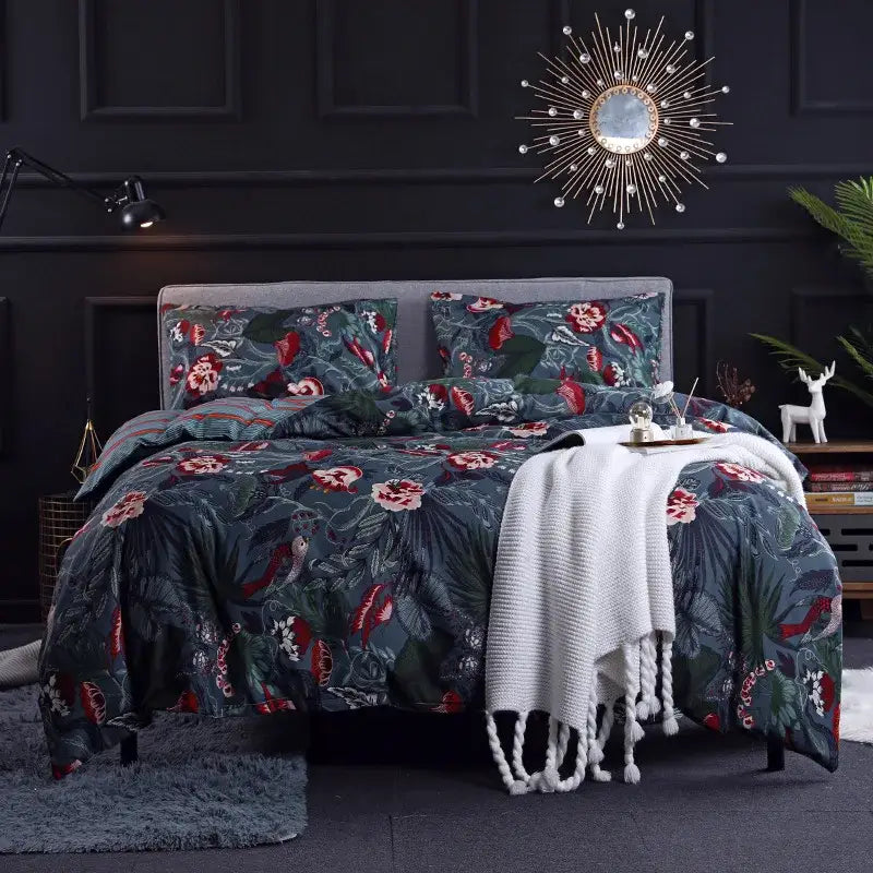 Dark green floral duvet set with red and white blossoms plush texture paired with decorbites leopard print bedding