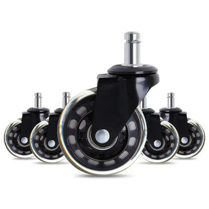 Black and silver 3 inch rotatable heavy duty office chair wheels with durable plastic and metallic rims for smooth rolling
