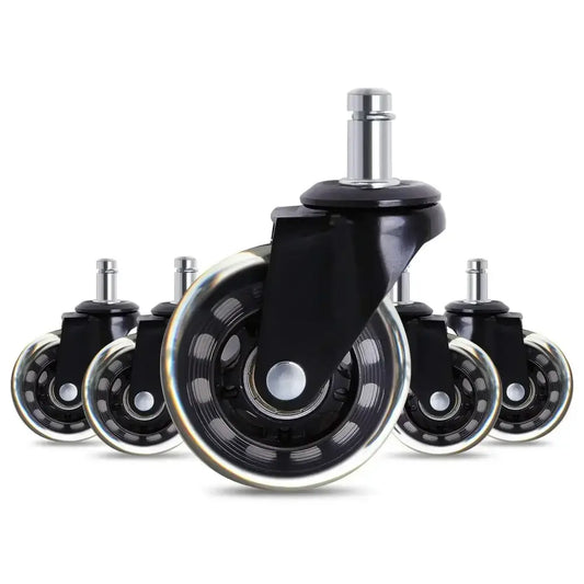 Black and silver 3 inch rotatable heavy duty office chair wheels with durable plastic and metallic rims for smooth rolling