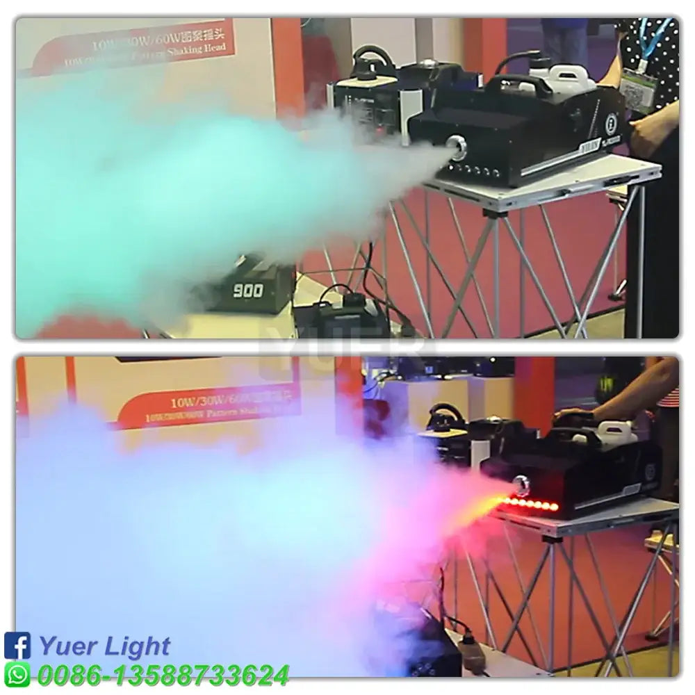 Black and silver 3000w rgb led fog machine emitting vibrant colored fog with remote control for stage lighting