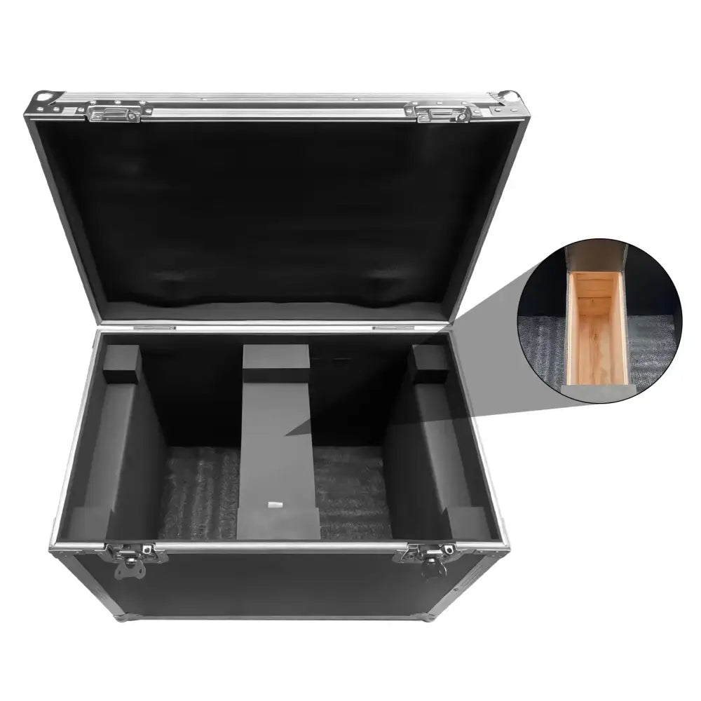 Black and silver dual aluminum flight case with silver latches and custom foam inserts for 230w moving head storage