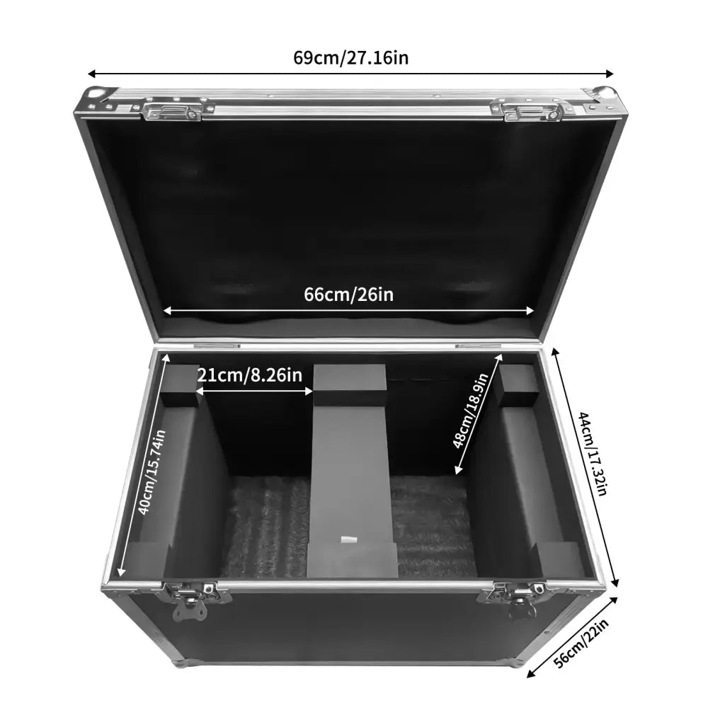 Black and silver dual flight case with aluminum edges and foam inserts for secure 230w moving head studio storage