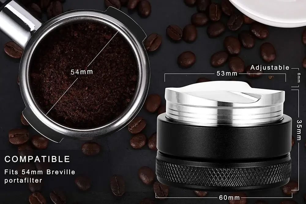 Black and silver adjustable espresso distributor coffee leveler with textured grip base for improved brewing experience