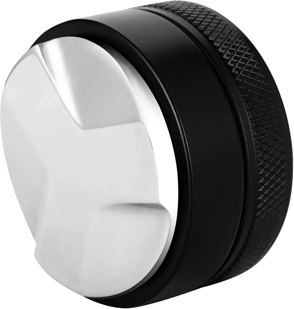 Black and silver espresso distributor coffee leveler with textured grip ring for enhanced brewing experience