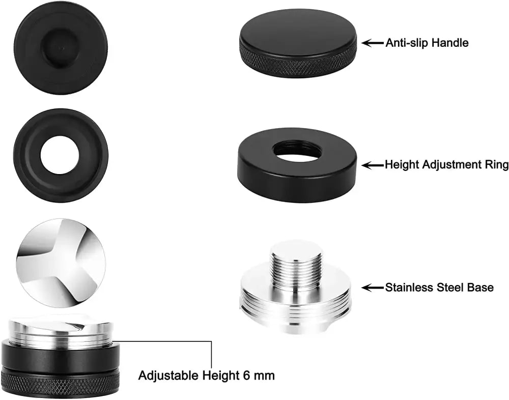 Black and stainless steel espresso distributor coffee leveler with adjustable height ring and anti-slip handle for brewing experience