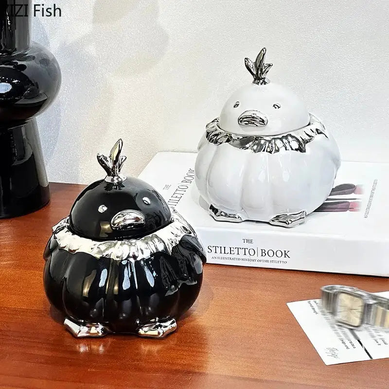 Black and silver garlic duck ceramic pumpkin ashtray with metallic accents for living room decor by decorbites garlic duck