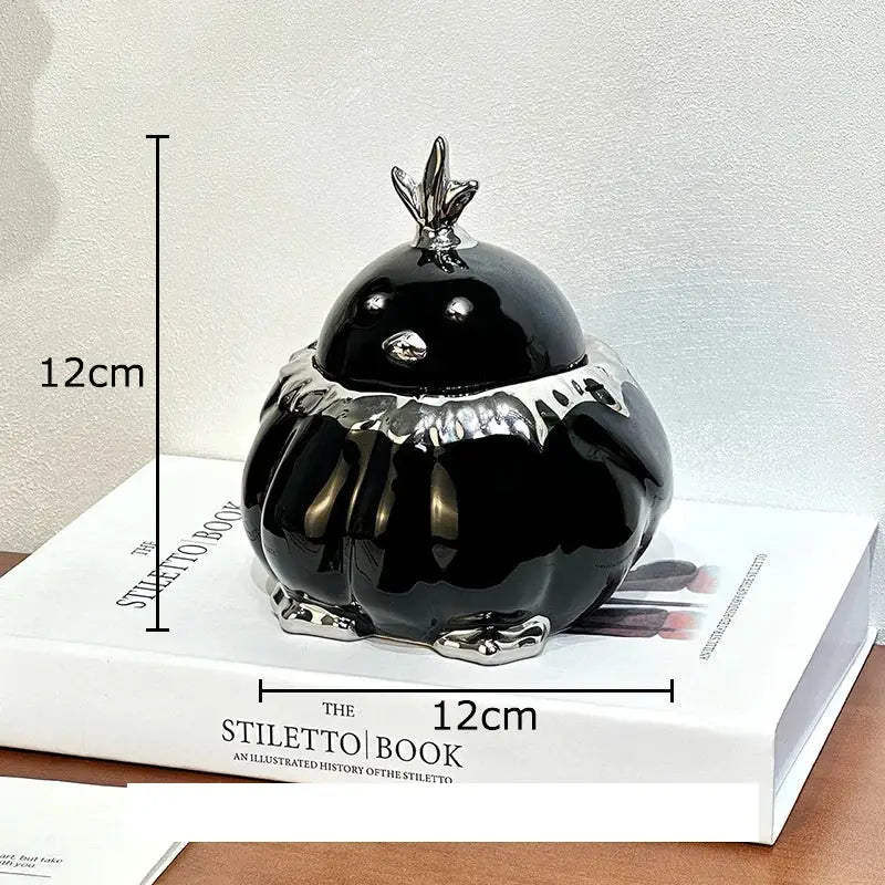 Black and silver garlic duck ceramic pumpkin ashtray with glossy ceramic and silver metallic accents for living room decorbites garlic duck decor
