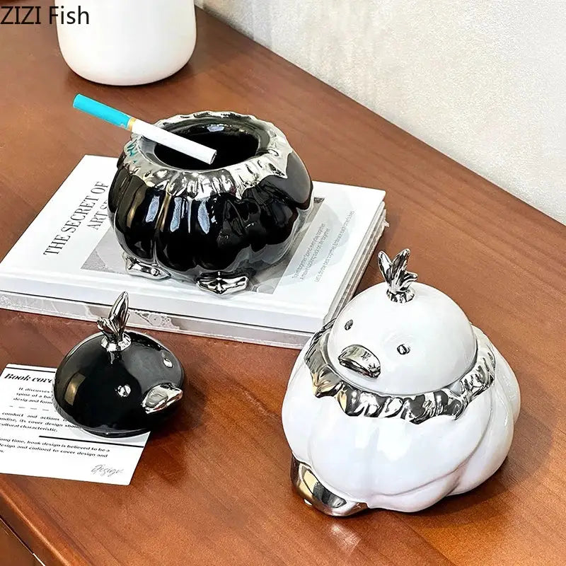 Black and silver garlic duck ceramic pumpkin ashtray with metallic rim and feet for living room decorbites garlic duck decor