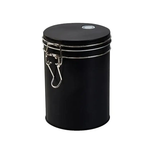 Black and silver hermetic food storage metal canister with clasp suitable for decorbites hermetic food storage pots