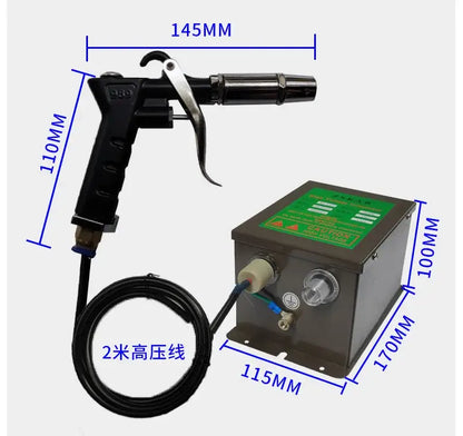 Black and silver industrial ionizing air gun static eliminator with 2-meter coiled hose and matching power unit for workshop use