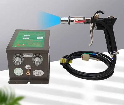 Black and chrome ionizing air gun static eliminator with coiled hose and green label for workshop use by decorbites